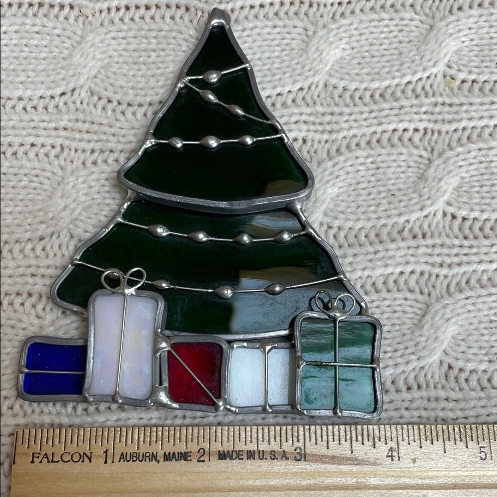 Stained Glass Christmas Tree Ornament w/ Gifts 4.75” H x 3.75” W good condition